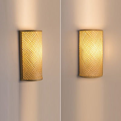 Traditional Japanese Weaving Semicircular Cylinder Bamboo 2-Light Wall Sconce Lamp For Bedside