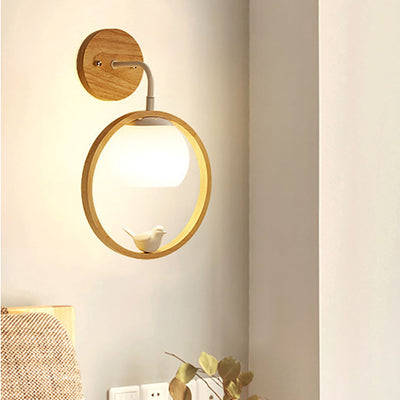 Contemporary Scandinavian Bird Round Wood Glass 1-Light Wall Sconce Lamp For Bedroom