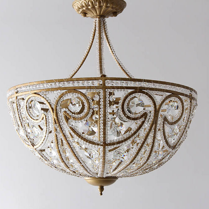 French Luxury Crystal Bead Strings Bowl Gold Iron 5-Light Semi-Flush Mount Ceiling Light