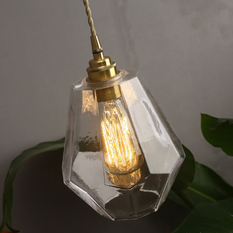 Traditional Japanese Brass Iron Glass Rhombic 1-Light Pendant Light For Bedside