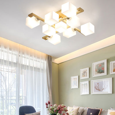 Traditional Japanese Wood Glass Cubic Square 4/5/8/9 Light Semi-Flush Mount Ceiling Light For Living Room