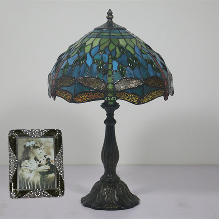 Traditional Tiffany Stained Glass Animal Dragonfly Pattern Zinc Alloy Base 1-Light Table Lamp For Bedroom