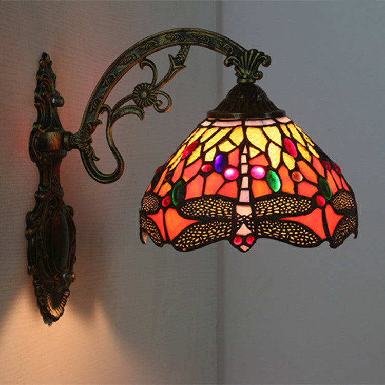 Traditional Tiffany Half Ball Floral Dragonfly Iron Glass 1-Light Wall Sconce Lamp For Bedroom