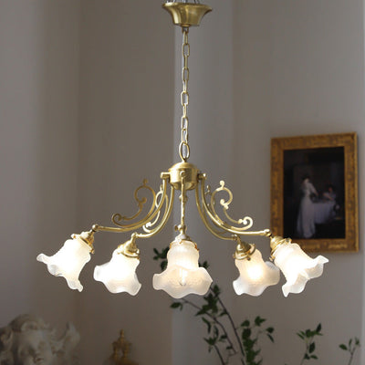 Traditional French Brass Carved Lamp Arm Alabaster Flower Glass 3/5-Light Chandelier For Living Room