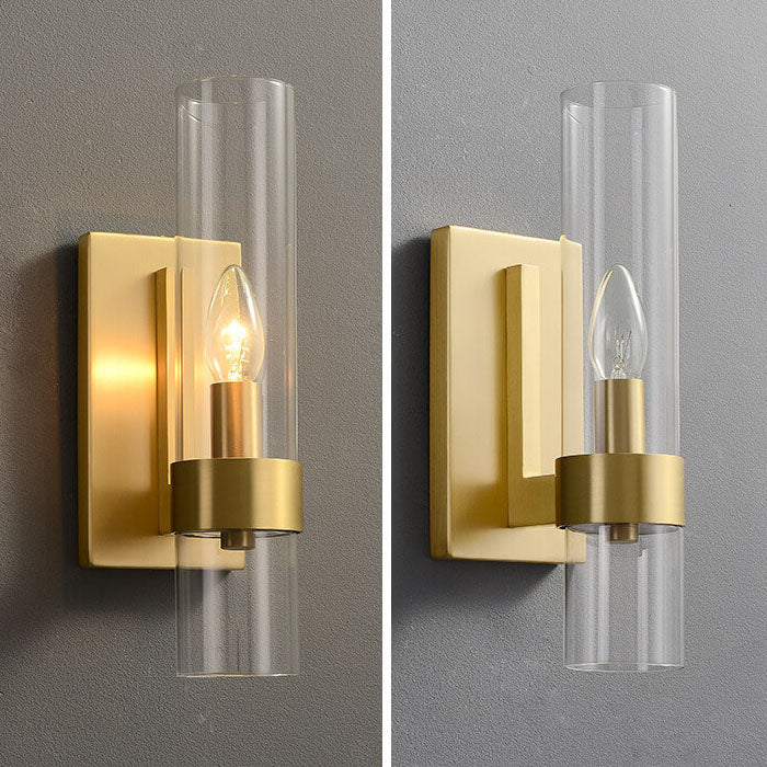 Vintage Light Luxury Clear Glass Cylinder Copper 1-Light Wall Sconce Lamp