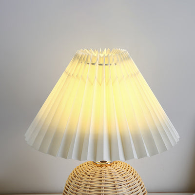 Contemporary Nordic Rattan Fabric Pleated Conic Ball LED Table Lamp For Bedroom