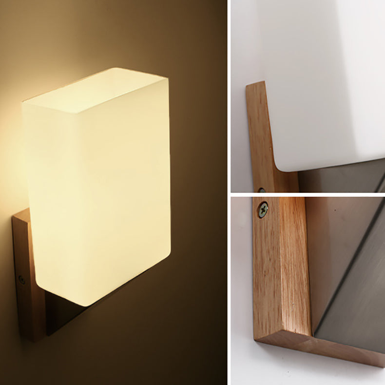 Modern Minimalist Rectangle Wood Glass 1-Light Wall Sconce Lamp For Bedroom