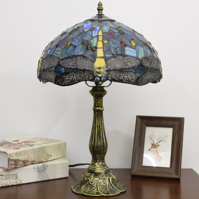 Traditional Tiffany Aluminum Alloy Glass Dome Dragonfly 1-Light Table Lamp For Bedroom