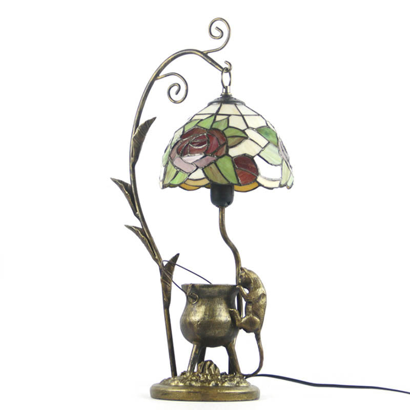 Traditional Tiffany Mouse Flower Resin Stained Glass 1-Light Table Lamp For Bedroom