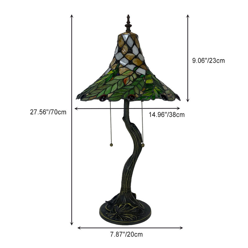 Traditional Tiffany Alloy Glass Horn Flower Leave 2-Light Table Lamp For Bedside