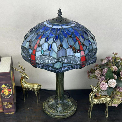 Traditional Tiffany Metal Hardware Glass Semicircular Dragonfly Flower Water Drop 1-Light Table Lamp For Bedroom