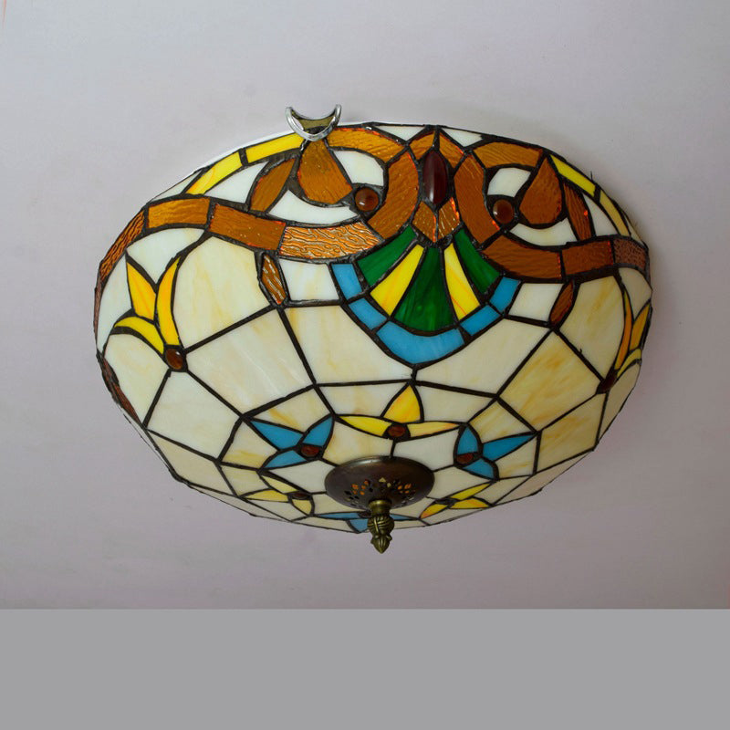 Traditional Tiffany Half Orb Flower Stripe Plaid Iron Stained Glass 3-Light Flush Mount Ceiling Light For Living Room