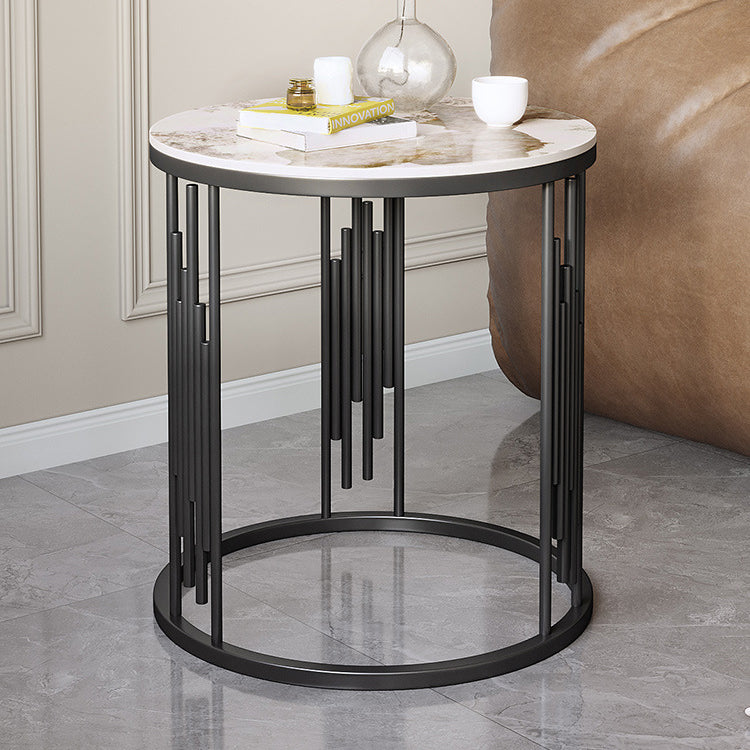 Contemporary Scandinavian Round Cylindrical Rock Slab Carbon Steel End Table For Living Room