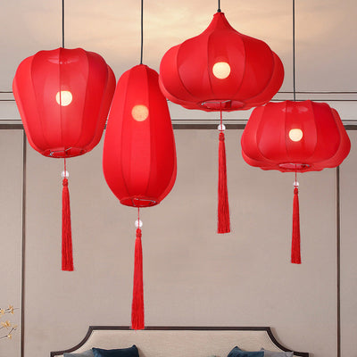 Traditional Chinese Lantern Fabric Iron 1-Light Pendant Light For Bedroom