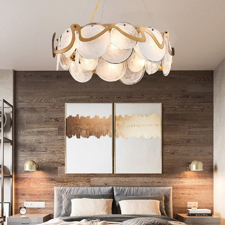 Contemporary Luxury Gold Finish Frame Cloud Texture Glass Disc 8/10-Light Chandelier For Living Room