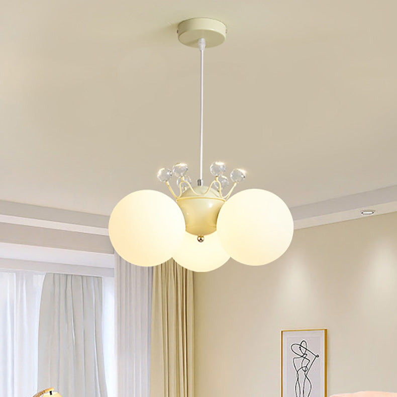 Contemporary Creative Cream Hardware Crystal Decor PE Round Shade 3-Light Kids Chandelier For Living Room