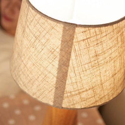 Traditional Japanese Round Tapered Solid Wood Base Fabric 1-Light Table Lamp For Bedroom