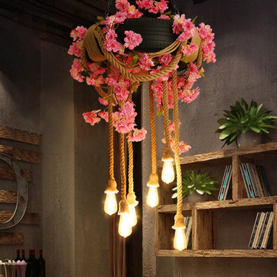 Contemporary Creative Tire Floral Decor Hemp Rope 6-Light Chandelier For Entertainment Rooms