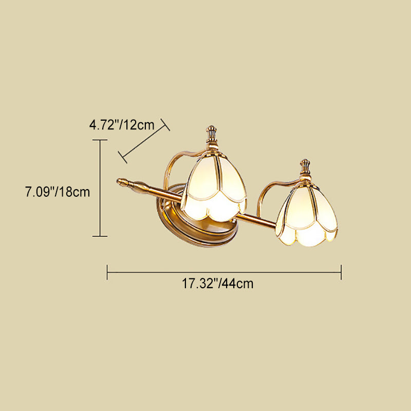 European Vintage Luxury Glass Flower Bell Copper 2/3 Light Wall Sconce Lamp For Bedroom