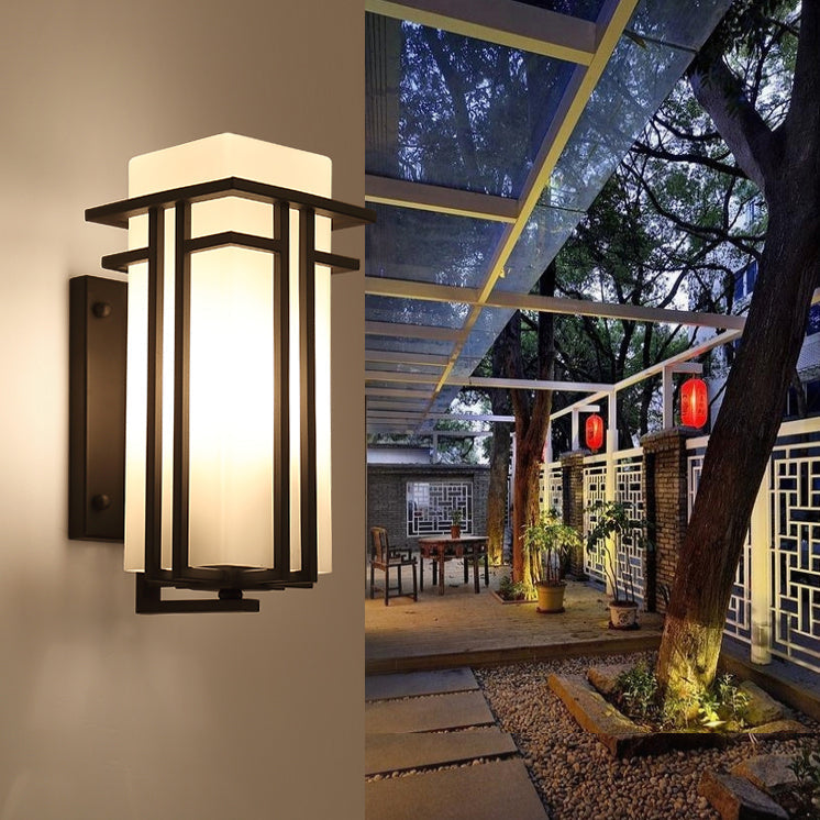 Traditional Chinese Square Iron Glass 1-Light Outdoor Wall Sconce Lamp For Garden