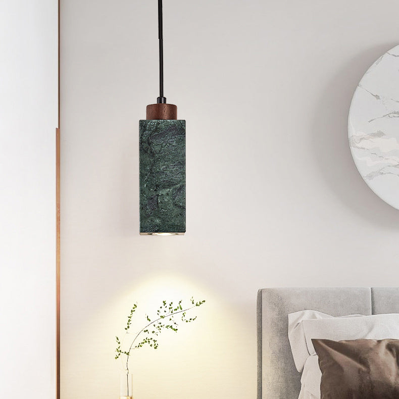 Modern Minimalist Rectangular Solid Wood Marble 1-Light Pendant Light For Bedroom