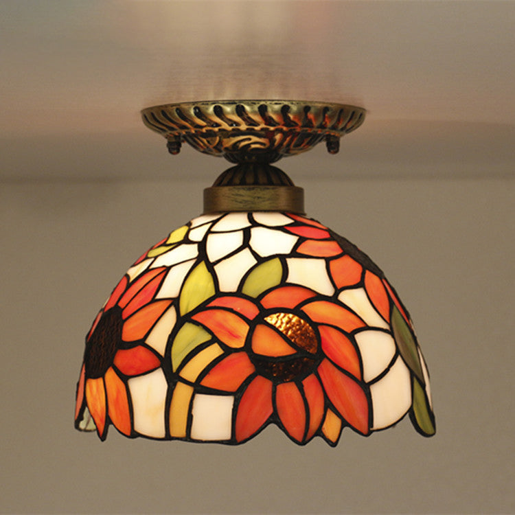 Traditional Tiffany Stained Glass Sunflower Bowl Shape 1-Light Semi-Flush Mount Ceiling Light For Living Room