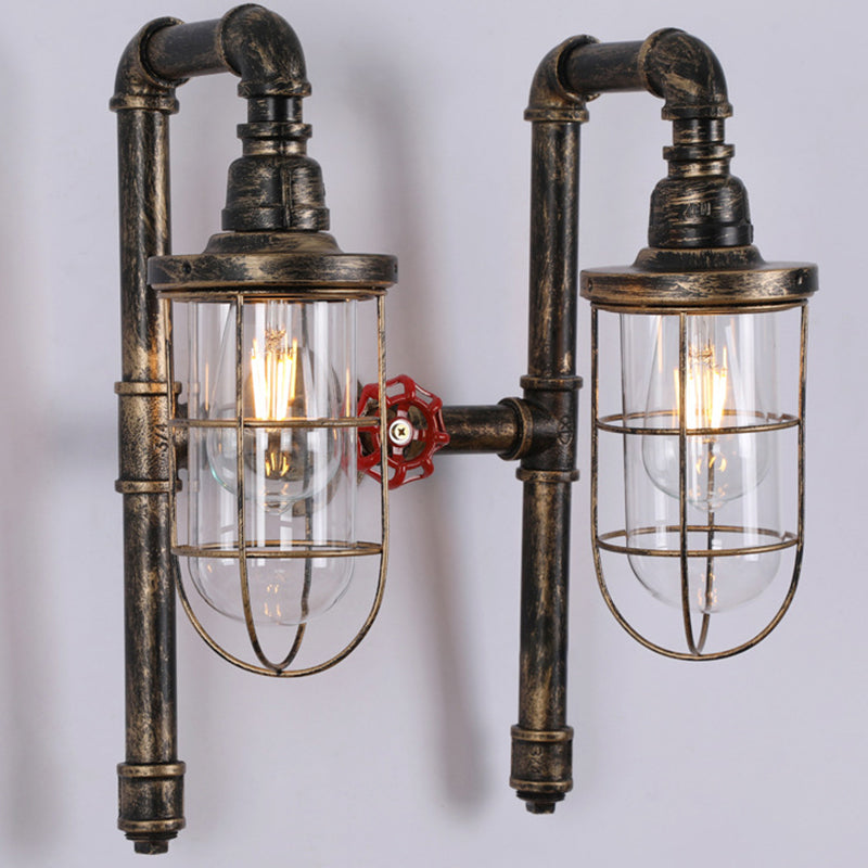 Industrial Metal Cage 2-Light Pipes Wall Sconce Lamp