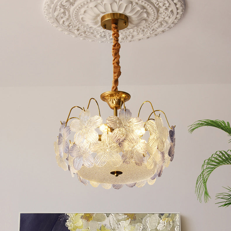 Traditional French Iron Glass Round Flower 5/6 Light Chandeliers For Bedroom