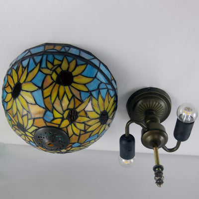 Traditional Tiffany Dome Sunflower Iron Glass 2-Light Semi-Flush Mount Ceiling Light For Hallway