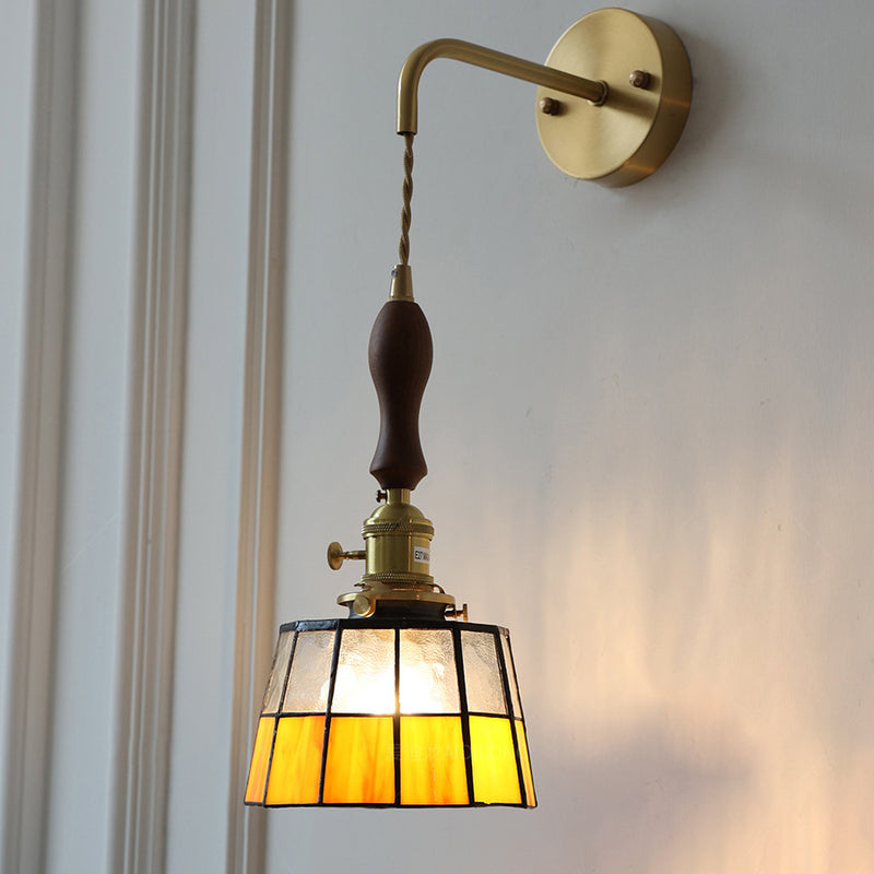 Contemporary Retro Stained Glass Cylinder Copper Glass 1-Light Wall Sconce Lamp For Bedroom