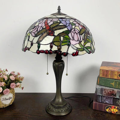 Traditional Tiffany Umbrella Flower Dragonfly Alloy Stained Glass 2-Light Table Lamp For Bedroom