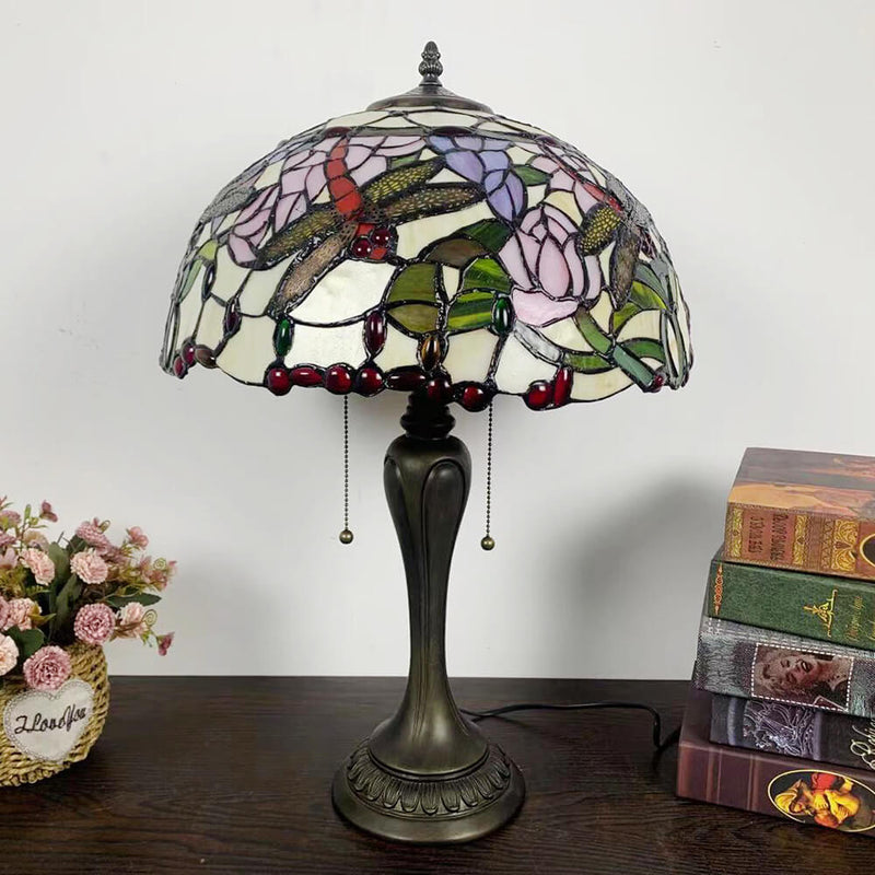 Traditional Tiffany Umbrella Flower Dragonfly Alloy Stained Glass 2-Light Table Lamp For Bedroom