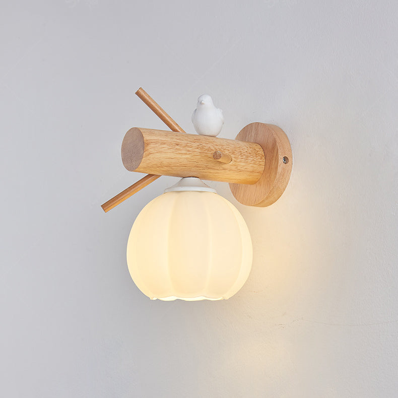 Modern Minimalist Pumpkin Bird Wood PE 1-Light Wall Sconce Lamp For Bedroom