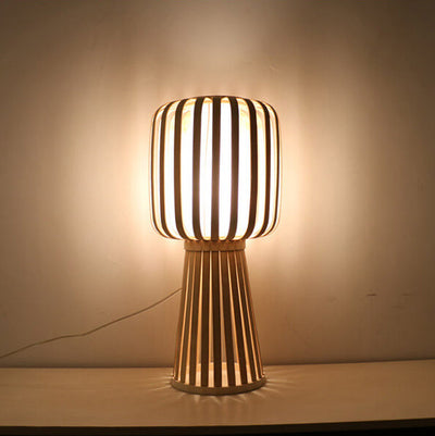 Traditional Farmhouse Bamboo Weaving Imitation Parchment Cylinder 1-Light Table Lamp For Bedroom