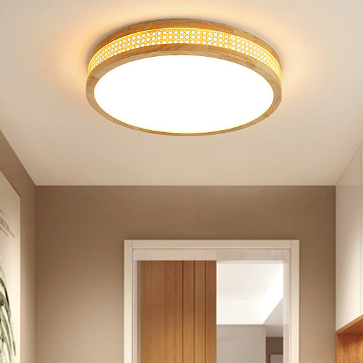 Modern Minimalist Round Acrylic Wood LED Flush Mount Ceiling Light For Bedroom