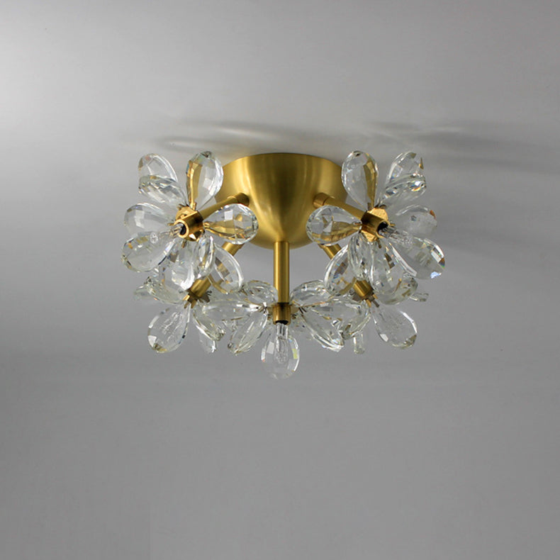 Modern Minimalist Flower Brass Crystal 3/5/6/7 Light Flush Mount Ceiling Light For Living Room