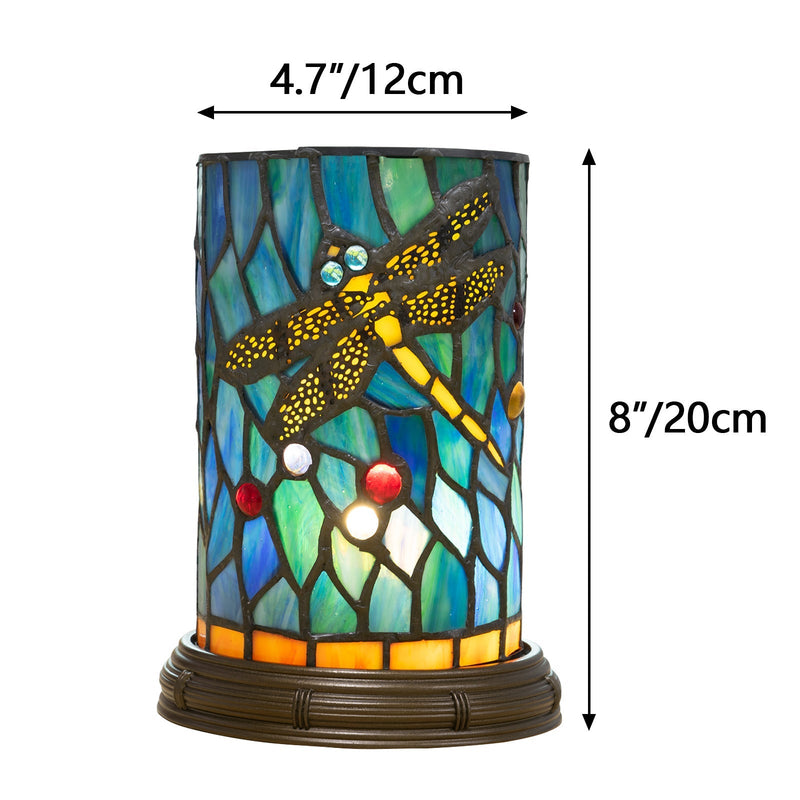 Traditional Tiffany Stained Glass Dragonfly Cylinder Shade Resin Base LED USB Table Lamp For Entertainment Room