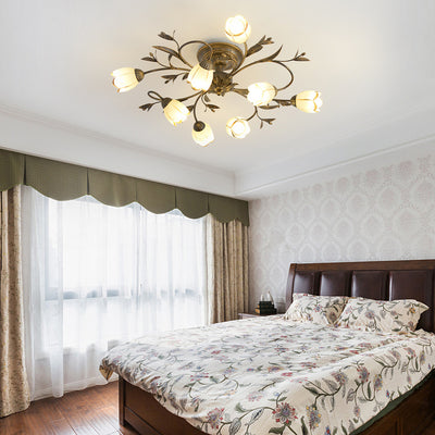 Traditional French Flower Shaped Iron Glass 4/6/8/10/12 Light Semi-Flush Mount Ceiling Light For Bedroom