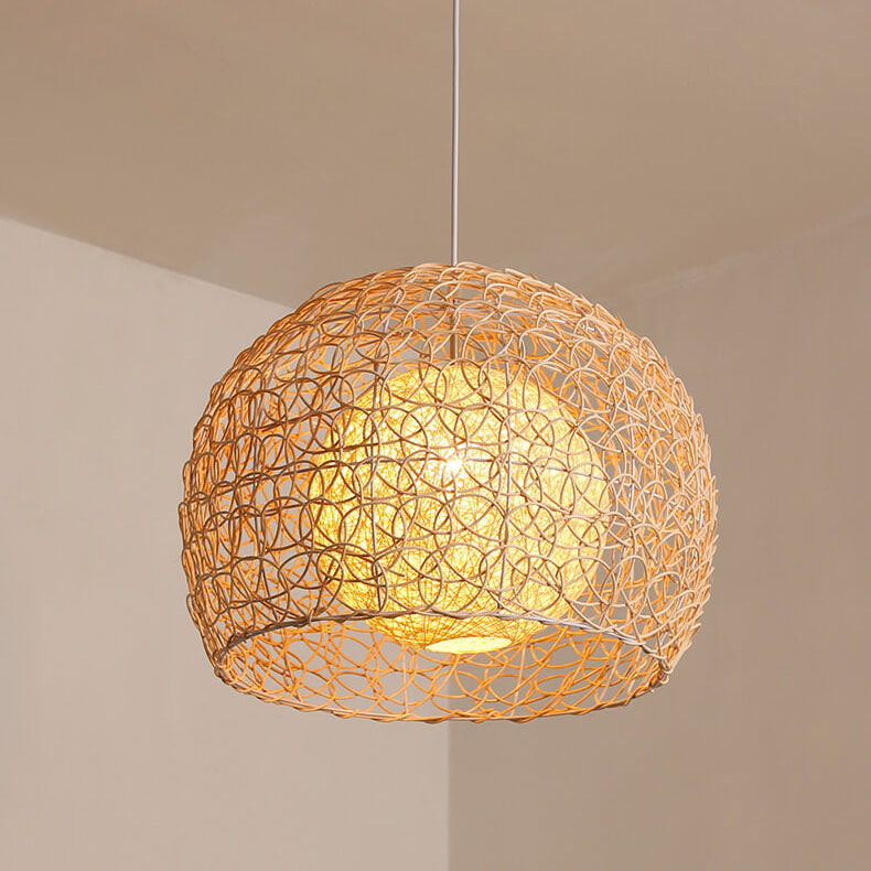 Contemporary Boho Round Rattan Weaving 1-Light Pendant Light For Dining Room