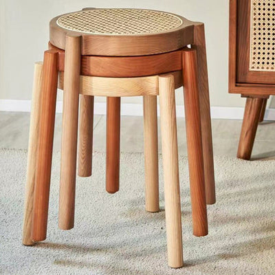 Traditional Japanese Round Rattan Weaving Solid Wood Frame Stackable Low Stool For Living Room