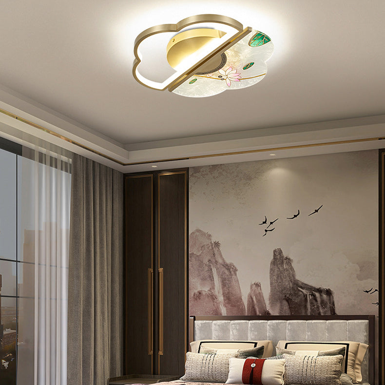 Traditional Chinese Enamel Lotus Acrylic Shade Brass Frame LED Semi-Flush Mount Ceiling Light For Living Room