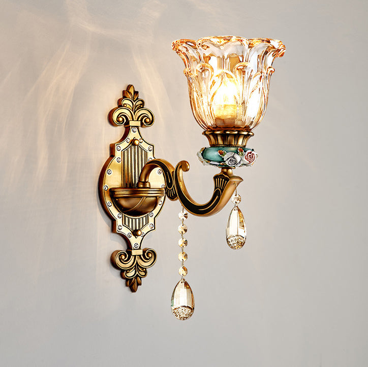 Traditional European Floral Zinc Alloy Resin Crystal Glass 1-Light Wall Sconce Lamp For Hallway