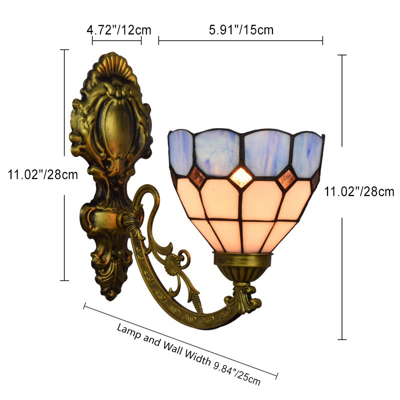 Traditional Tiffany Iron Stained Glass Flower 1-Light Wall Sconce Lamp For Living Room