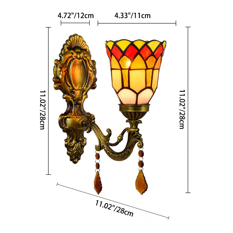 Traditional Tiffany Flower Iron Crystal Stained Glass 1-Light Wall Sconce Lamp For Living Room