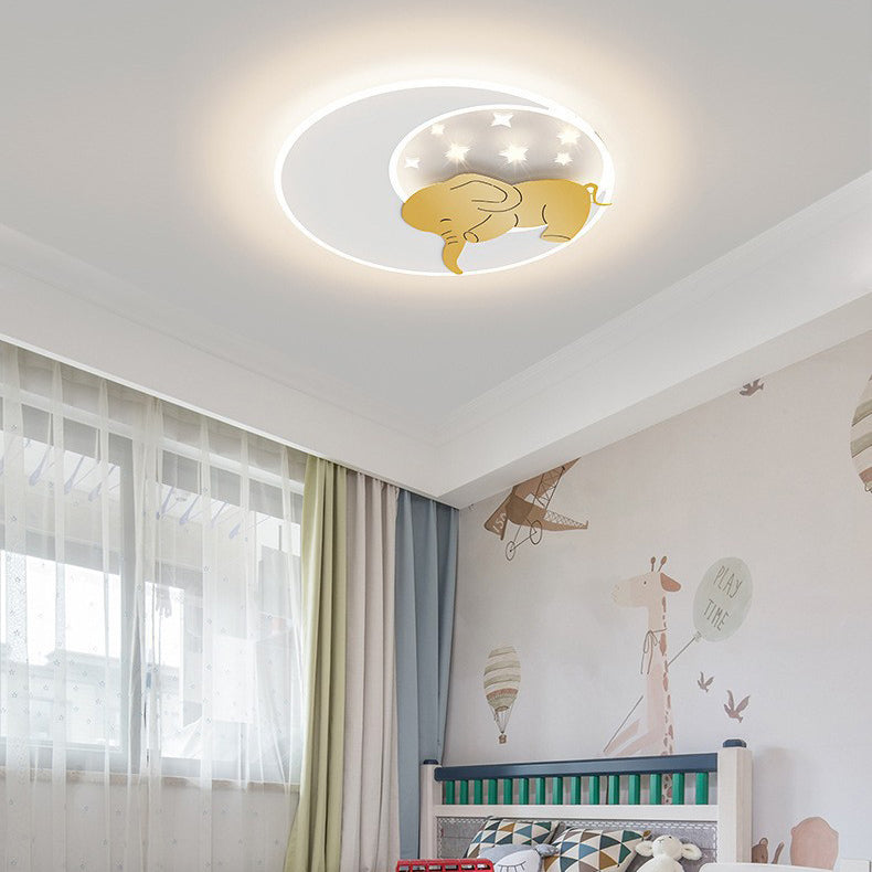 Contemporary Creative Iron Acrylic Round Elephant Rabbit LED Flush Mount Ceiling Light For Bedroom