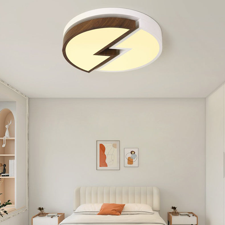 Contemporary Nordic Round Wood Grain Lightning Iron Acrylic LED Flush Mount Ceiling Light For Bedroom