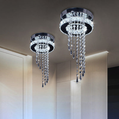 Contemporary Luxury Double Layer Round Stainless Steel Crystal Bead LED Flush Mount Ceiling Light For Living Room