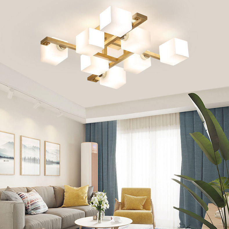 Traditional Japanese Wood Glass Cubic Square 4/5/8/9 Light Semi-Flush Mount Ceiling Light For Living Room