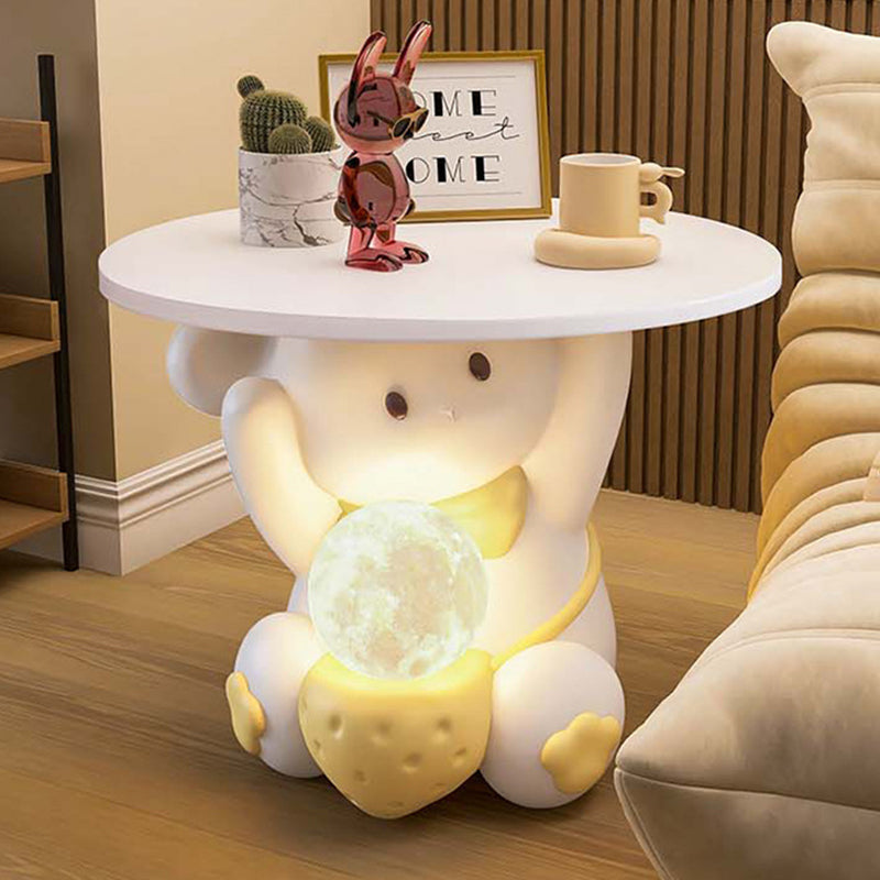 Modern Art Deco Kids Rabbit Round Plate Rectangular Drawer Resin Wood Enamel End Table 1-Drawer With LED Light For Bedroom