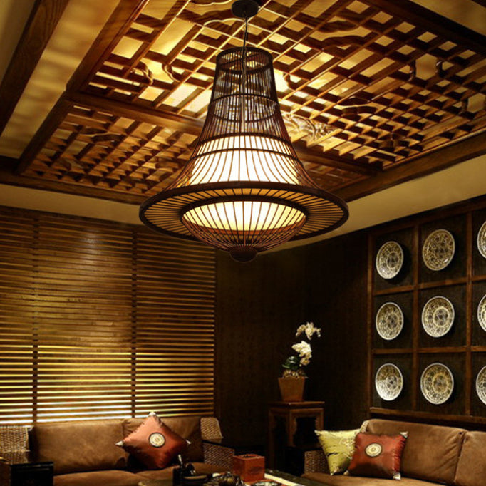 Traditional Japanese Dome Bamboo Woven 1-Light Pendant Light For Living Room